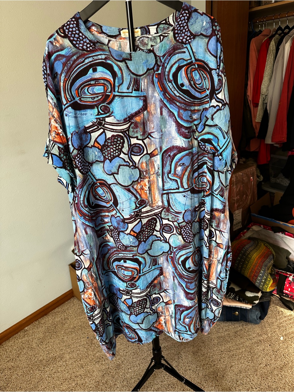 Seven Islands Wearable Art Artsy Abstract Tropical Dress L/Xl Blue